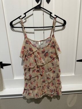 LC Lauren Conrad Beige Floral Ruffle Sleeveless Tank